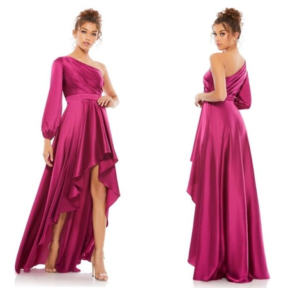 MAC DUGGAL One-Shoulder Long Sleeve Satin High/Low Gown in Berry Size US 0 - Picture 3 of 13
